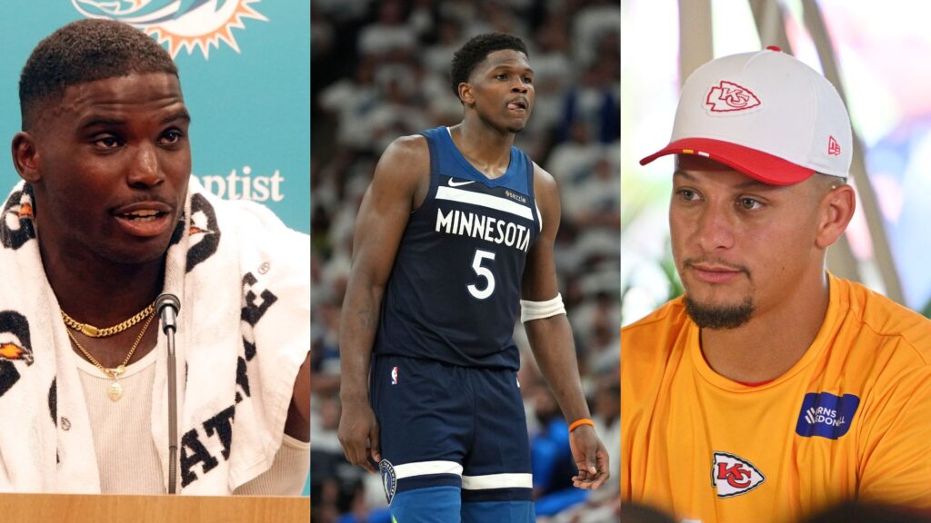 Tyreek Hill (L), Anthony Edwards (C), and Patrick Mahomes (R)