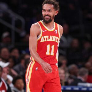 Jan 20, 2025; New York, New York, USA; Atlanta Hawks guard Trae Young (11) reacts after being assessed a technical foul during the second half against the New York Knicks at Madison Square Garden