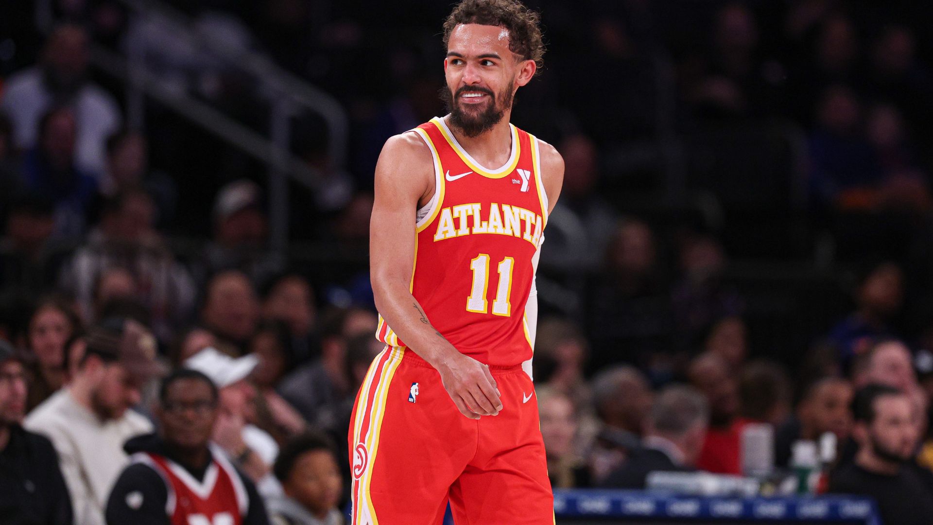 Jan 20, 2025; New York, New York, USA; Atlanta Hawks guard Trae Young (11) reacts after being assessed a technical foul during the second half against the New York Knicks at Madison Square Garden