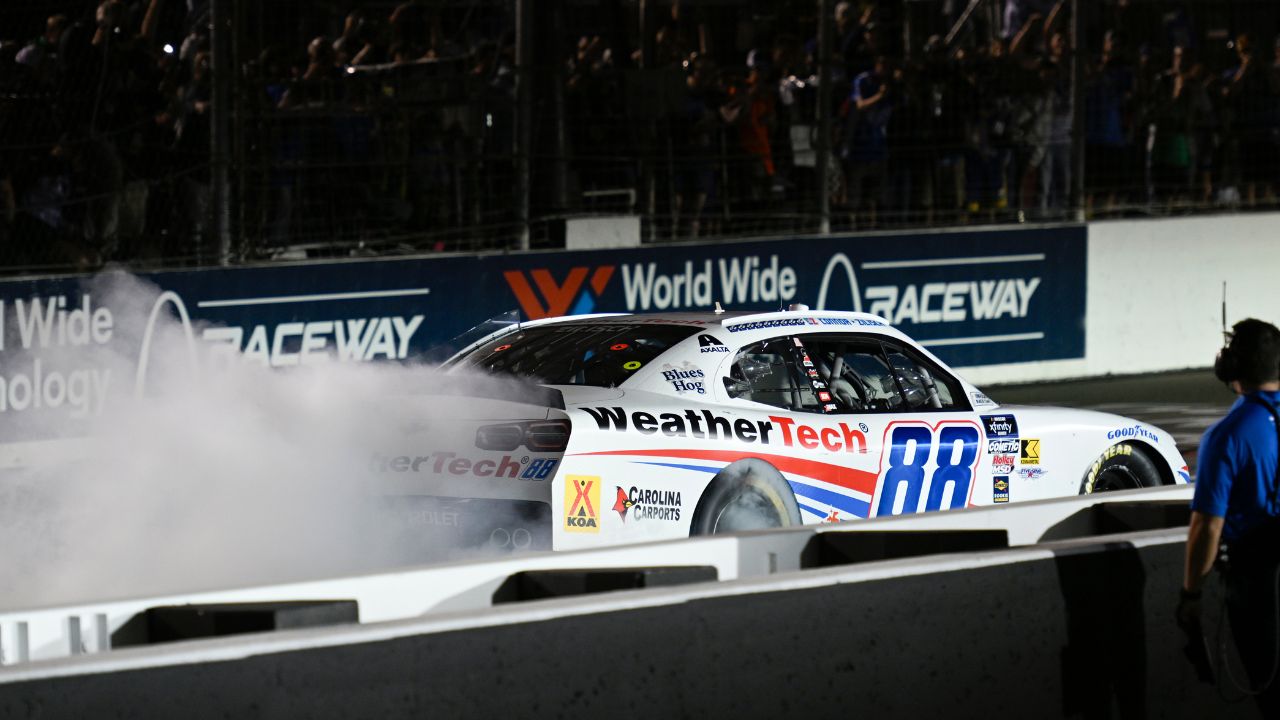 NASCAR Xfinity Series driver Connor Zilisch (88) celebrates after winning the Nu Way 200 Sauced by Blues Hog at World Wide Technology Raceway.