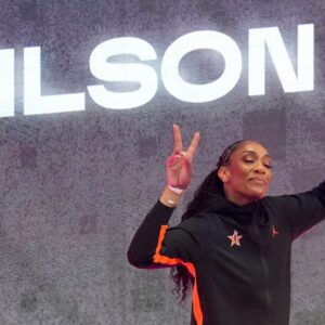 Las Vegas Aces' A’ja Wilson (22) is introduced Saturday, July 19, 2025, ahead of the WNBA All-Star Game at Gainbridge Fieldhouse in Indianapolis.