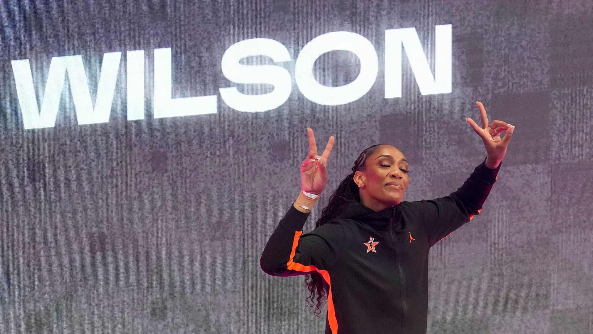 Las Vegas Aces' A’ja Wilson (22) is introduced Saturday, July 19, 2025, ahead of the WNBA All-Star Game at Gainbridge Fieldhouse in Indianapolis.
