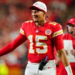 Kansas City Chiefs quarterback Patrick Mahomes (15) reacts after a touchdown during the second half against the Chicago Bears at GEHA Field at Arrowhead Stadium.