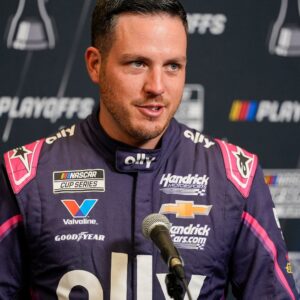 Aug 27, 2025; Charlotte, NC, USA; Alex Bowman answers questions from the media during NASCAR Cup Series Playoff Media Day at Charlotte Convention Center.