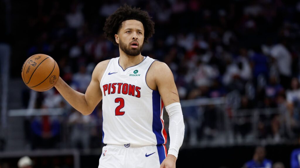 Apr 24, 2025; Detroit, Michigan, USA; Detroit Pistons guard Cade Cunningham (2) dribbles in the second half against the New York Knicks during game three of first round for the 2024 NBA Playoffs at Little Caesars Arena.
