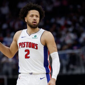 Apr 24, 2025; Detroit, Michigan, USA; Detroit Pistons guard Cade Cunningham (2) dribbles in the second half against the New York Knicks during game three of first round for the 2024 NBA Playoffs at Little Caesars Arena.