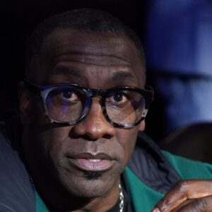Former NFL player Shannon Sharpe looks on in the second half of the in season tournament championship final between the Indiana Pacers and the Los Angeles Lakers at T-Mobile Arena.
