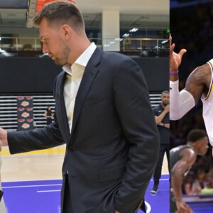 Jeanie Buss, Luka Doncic (L) and LeBron James (R)