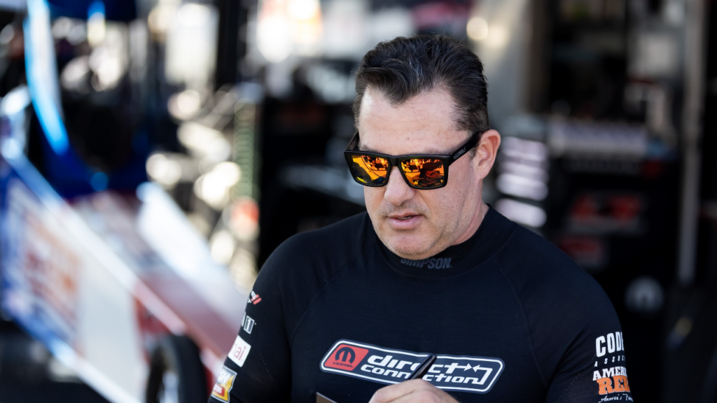 Sep 14, 2025; Mohnton, PA, USA; NHRA top fuel driver Tony Stewart during the Nitro Fish Nationals at Maple Grove Raceway. Mandatory Credit: Mark J. Rebilas-Imagn Images