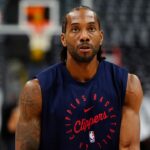 LA Clippers forward Kawhi Leonard (2) warms up before the game against the Denver Nuggets at Ball Arena.