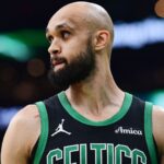 May 14, 2025; Boston, Massachusetts, USA; Boston Celtics guard Derrick White (9) in the first half during game five of the second round for the 2025 NBA Playoffs against the New York Knicks at TD Garden.