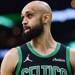 May 14, 2025; Boston, Massachusetts, USA; Boston Celtics guard Derrick White (9) in the first half during game five of the second round for the 2025 NBA Playoffs against the New York Knicks at TD Garden.