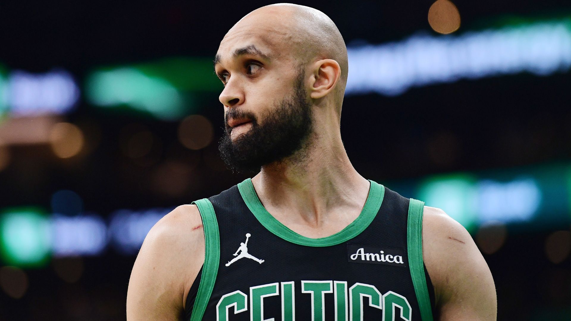 May 14, 2025; Boston, Massachusetts, USA; Boston Celtics guard Derrick White (9) in the first half during game five of the second round for the 2025 NBA Playoffs against the New York Knicks at TD Garden.