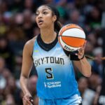 Aug 30, 2025; Seattle, Washington, USA; Chicago Sky forward Angel Reese (5) dribbles the ball against the Seattle Storm at Climate Pledge Arena.