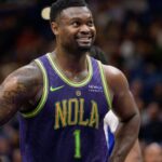 Mar 17, 2025; New Orleans, Louisiana, USA; New Orleans Pelicans forward Zion Williamson (1) reacts during the first half against the Detroit Pistons at Smoothie King Center.