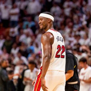 SPORTS-BKN-HEAT-BUTLER-MI Miami Heat forward Jimmy Butler (22) reacts on the court against the Milwaukee Bucks during the fourth quarter of Game Four of the first-round NBA playoffs at Kaseya Center on Monday, April 24, 2023