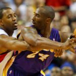 Nov 17, 2010; Auburn Hills, MI, USA; Los Angeles Lakers shooting guard Kobe Bryant (24) is defended by Detroit Pistons shooting guard Tracy McGrady (1) during the game at The Palace. The Lakers defeated the Pistons 103-90. Mandatory Credit: Rick Osentoski-Imagn Images