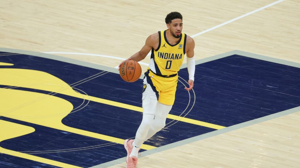 Indiana Pacers guard Tyrese Haliburton (0) dribbles the ball against the Oklahoma City Thunder in the second quarter during game six of the 2025 NBA Finals at Gainbridge Fieldhouse.