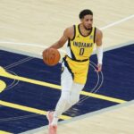 Indiana Pacers guard Tyrese Haliburton (0) dribbles the ball against the Oklahoma City Thunder in the second quarter during game six of the 2025 NBA Finals at Gainbridge Fieldhouse.