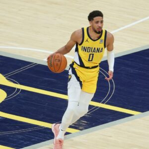 Indiana Pacers guard Tyrese Haliburton (0) dribbles the ball against the Oklahoma City Thunder in the second quarter during game six of the 2025 NBA Finals at Gainbridge Fieldhouse.
