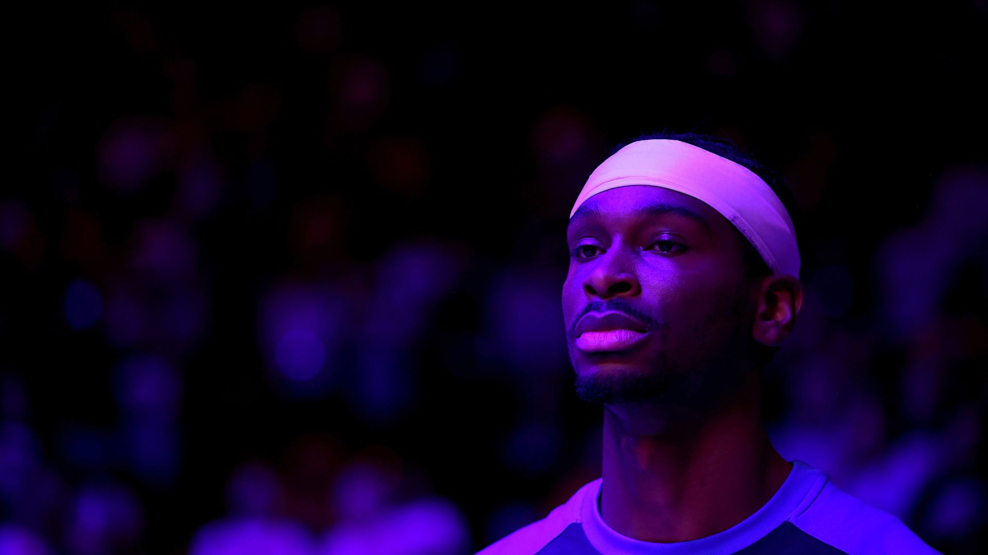 Apr 4, 2025; Houston, Texas, USA; Oklahoma City Thunder guard Shai Gilgeous-Alexander (2) stands during the national anthem prior to the game against the Houston Rockets at Toyota Center.