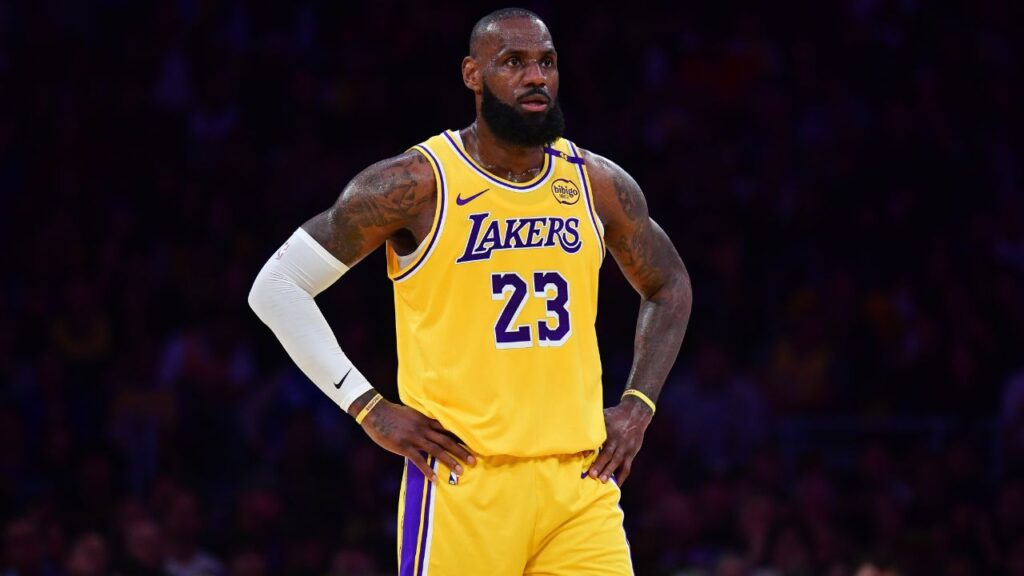 Los Angeles Lakers forward LeBron James (23) reacts during the first half in game five of first round for the 2025 NBA Playoffs at Crypto.com Arena.