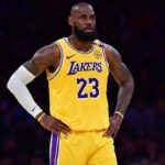 Los Angeles Lakers forward LeBron James (23) reacts during the first half in game five of first round for the 2025 NBA Playoffs at Crypto.com Arena.