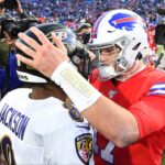 Baltimore Ravens quarterback Lamar Jackson (8) greets Buffalo Bills quarterback Josh Allen (17) following the game at New Era Field.