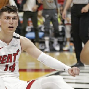 Miami Heat guard Tyler Herro (14) reacts after a play in the second quarter against the Charlotte Hornets on Wednesday