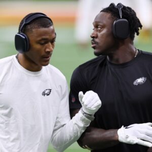 Philadelphia Eagles wide receiver DeVonta Smith (6) and wide receiver A.J. Brown (right) before Super Bowl LIX between the Philadelphia Eagles and the Kansas City Chiefs at Caesars Superdome.