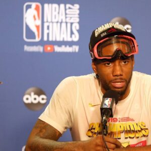 Kawhi Leonard of the Toronto Raptors appears with the Bill Russell NBA,