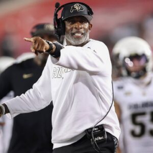 Colorado Buffaloes head coach Deion Sanders reacts after a play during the third quarter against the Houston Cougars at TDECU Stadium.