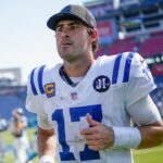Indianapolis Colts quarterback Daniel Jones (17) leaves the field after the game against the Tennessee Titans at Nissan Stadium in Nashville, Tenn., Sunday, Sept. 21, 2025.