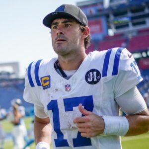 Indianapolis Colts quarterback Daniel Jones (17) leaves the field after the game against the Tennessee Titans at Nissan Stadium in Nashville, Tenn., Sunday, Sept. 21, 2025.