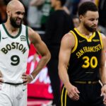 Dec 19, 2023; San Francisco, California, USA; Boston Celtics guard Derrick White (9) and Golden State Warriors guard Stephen Curry (30) on the court during the overtime period at Chase Center.