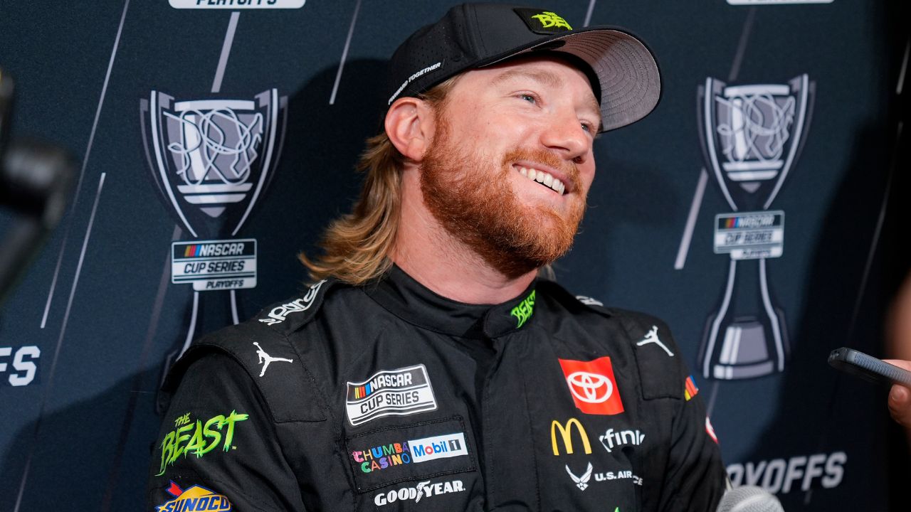 Tyler Reddick answers questions from the media during NASCAR Cup Series Playoff Media Day at Charlotte Convention Center.