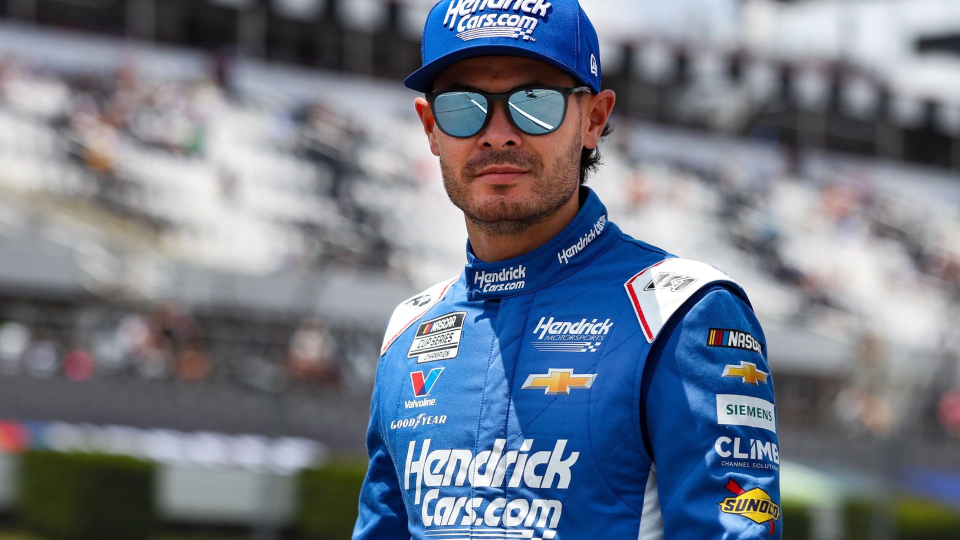 Jun 21, 2025; Long Pond, Pennsylvania, USA; NASCAR Cup Series driver Kyle Larson (5) looks on from pit road during practice and qualifying for The Great American Getaway 400 at Pocono Raceway