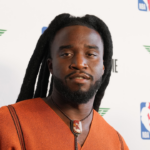 Feb 14, 2025; Oakland, California, USA; Shaboozey before the celebrity game ahead of the 2025 NBA All Star Game at Oakland Arena. Mandatory Credit: Darren Yamashita-Imagn Images