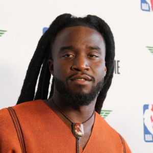 Feb 14, 2025; Oakland, California, USA; Shaboozey before the celebrity game ahead of the 2025 NBA All Star Game at Oakland Arena. Mandatory Credit: Darren Yamashita-Imagn Images