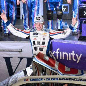 NASCAR Xfinity Series driver Connor Zilisch (88) celebrates after winning the Nu Way 200 Sauced by Blues Hog at World Wide Technology Raceway.
