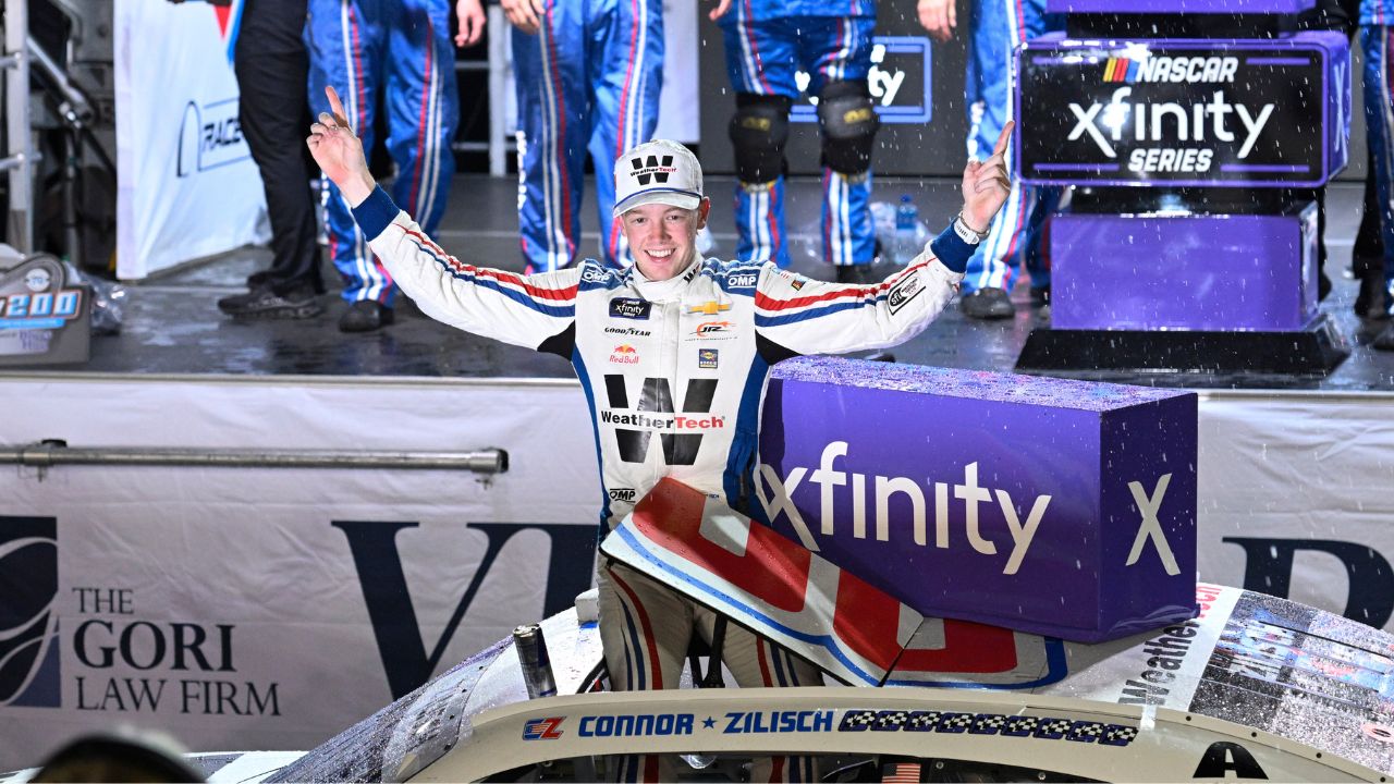 NASCAR Xfinity Series driver Connor Zilisch (88) celebrates after winning the Nu Way 200 Sauced by Blues Hog at World Wide Technology Raceway.