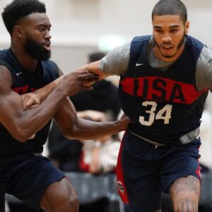 Jayson Tatum (right) and Jaylen Brown in action during a USA training session at Melbourne Sports and Aquatic Centre in Melbourne