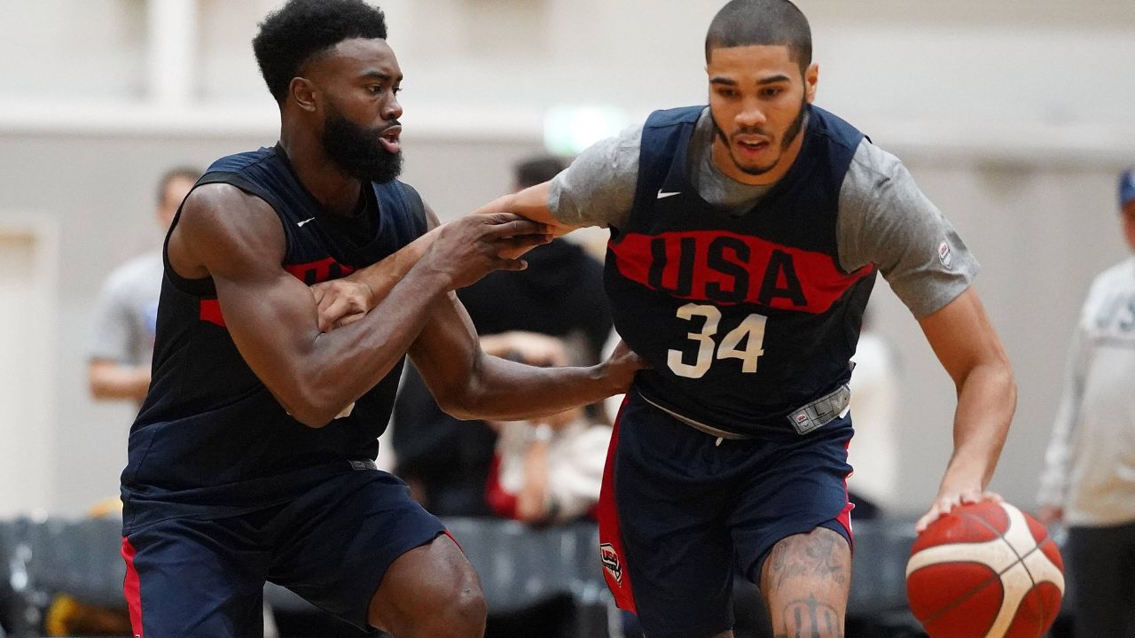Jayson Tatum (right) and Jaylen Brown in action during a USA training session at Melbourne Sports and Aquatic Centre in Melbourne