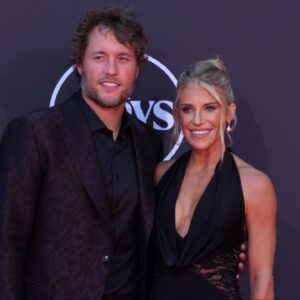 Los Angeles Rams quarterback Matthew Stafford (left) and wife Kelly Stafford pose on the ESPYs red carpet at the Dolby Theatre.