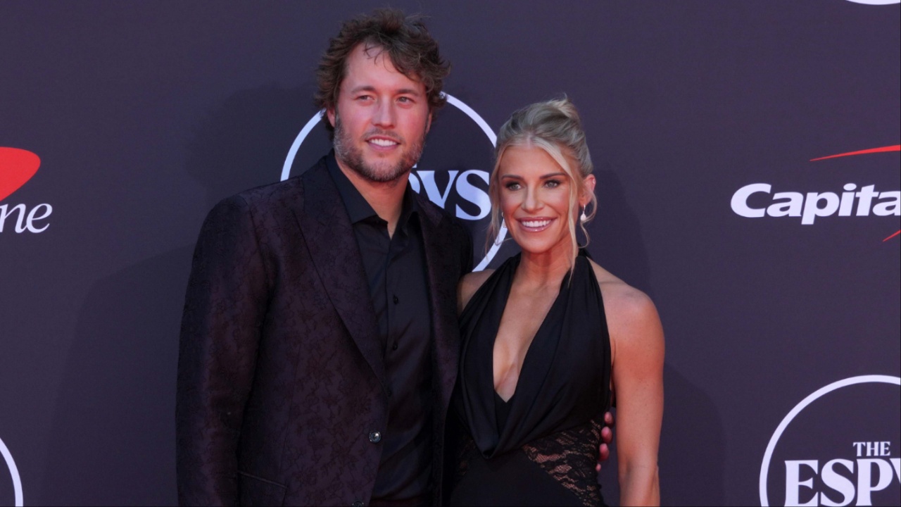 Los Angeles Rams quarterback Matthew Stafford (left) and wife Kelly Stafford pose on the ESPYs red carpet at the Dolby Theatre.