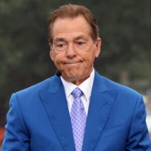 Nick Saban is on stage at ESPN College GameDay ahead of the University of Oklahoma-Michigan College football game on Sep 6, 2025 in Norman.