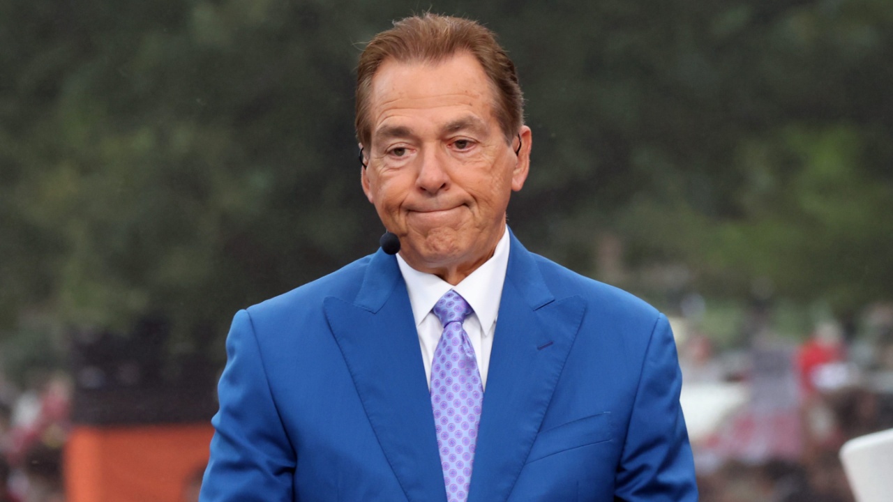 Nick Saban is on stage at ESPN College GameDay ahead of the University of Oklahoma-Michigan College football game on Sep 6, 2025 in Norman.