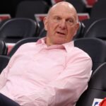 Apr 5, 2025; Inglewood, California, USA; Los Angeles Clippers owner Steve Ballmer sits courtside before the game against the Dallas Mavericks at Intuit Dome