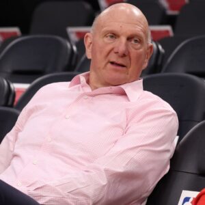 Apr 5, 2025; Inglewood, California, USA; Los Angeles Clippers owner Steve Ballmer sits courtside before the game against the Dallas Mavericks at Intuit Dome
