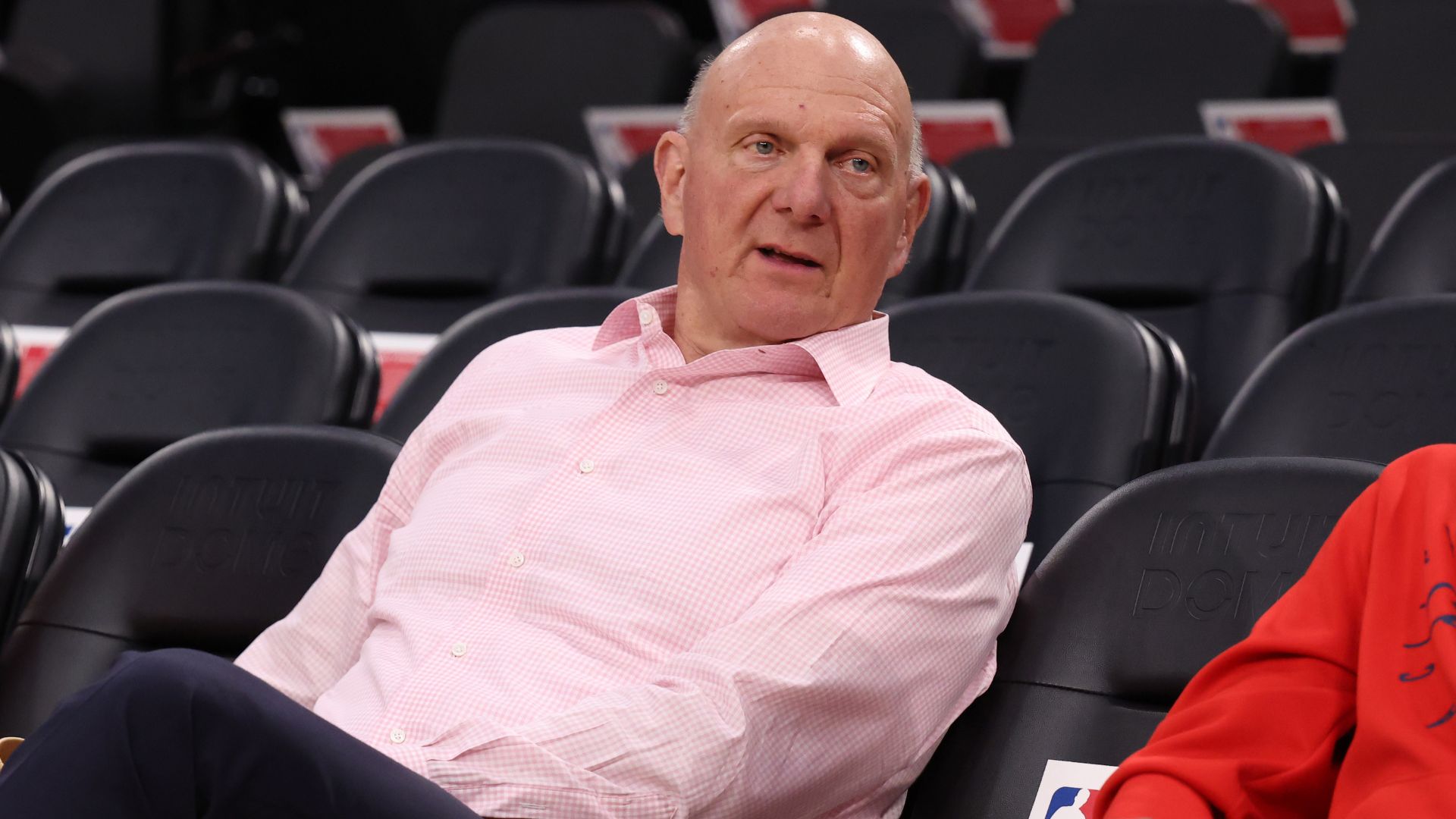 Apr 5, 2025; Inglewood, California, USA; Los Angeles Clippers owner Steve Ballmer sits courtside before the game against the Dallas Mavericks at Intuit Dome
